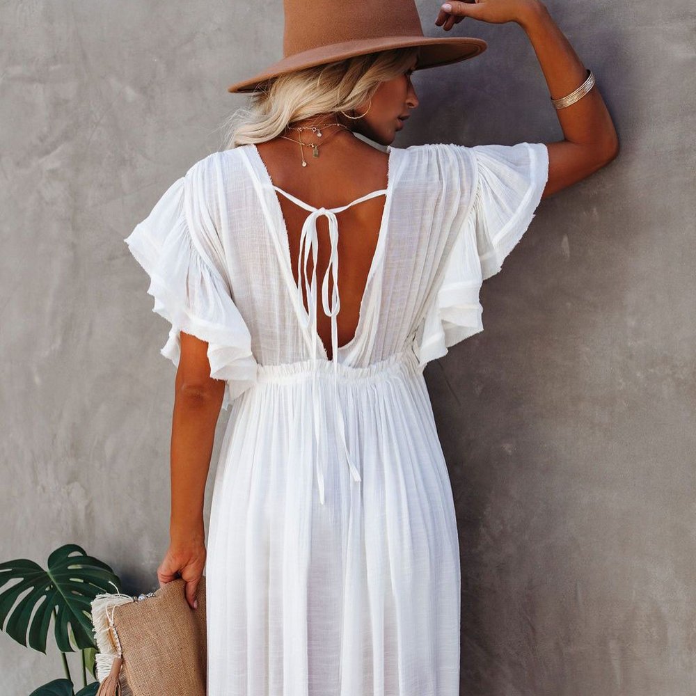 New Bohemian Long White Gauze Maxi Summer Dress - Picture 4 of 11
